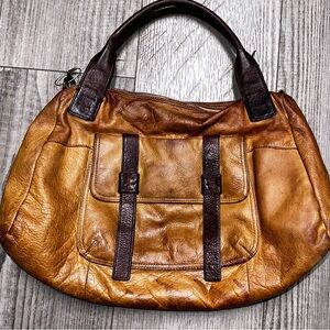 Vintage Leather chestnut Cynthia Rowley pebbled suede 2 toned satchel bag large